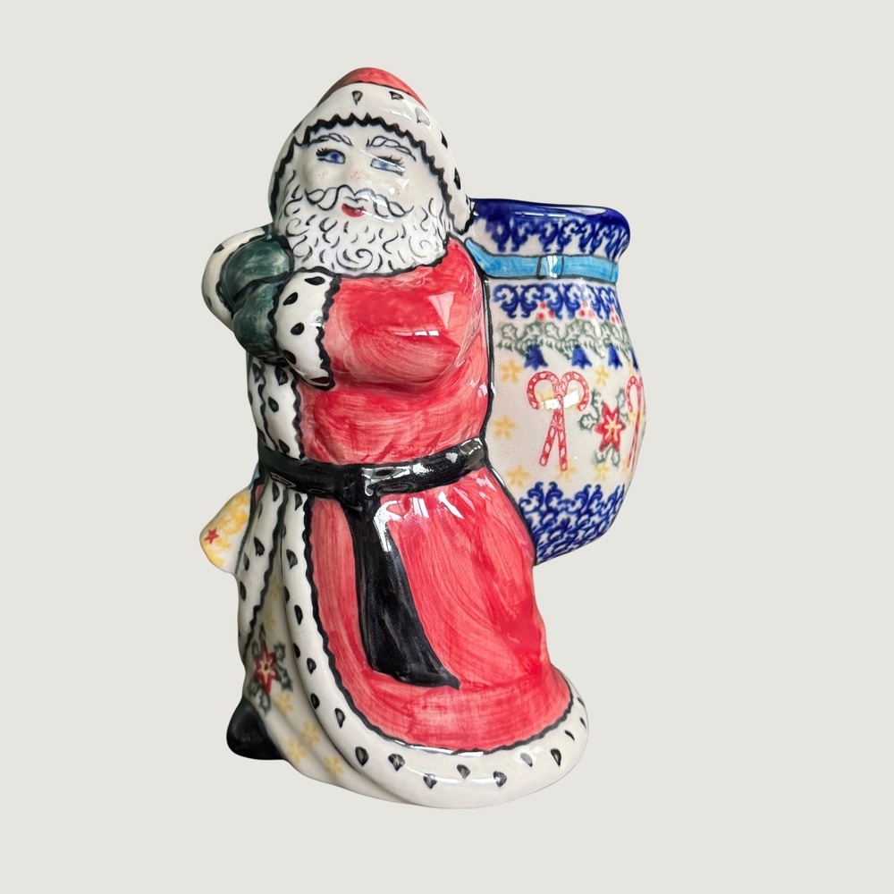 Vena Polish Pottery Santa Claus Figurine with Bag Candy Canes Christmas Design